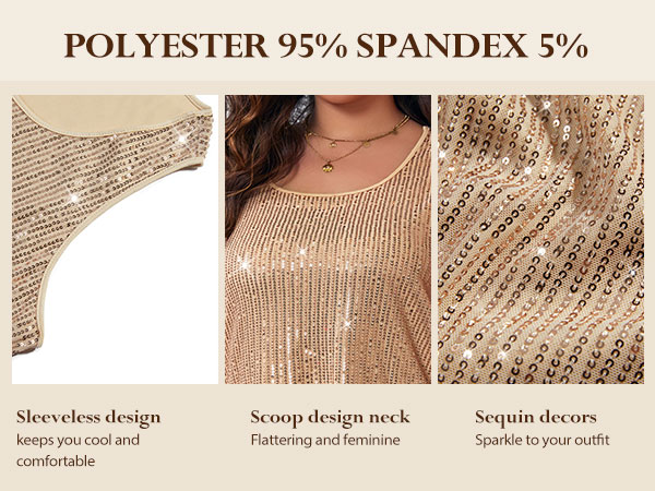 Womens Plus Size Sequin Tops Scoop Neck Sparkle Shimmer Summer Sleeveless Sexy Tanks Tops Champagne