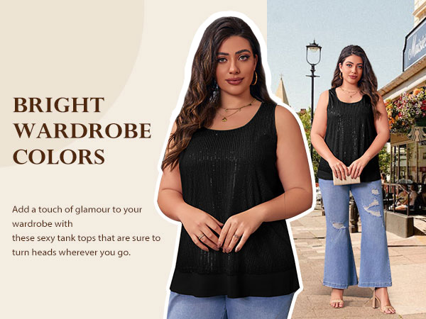 Womens Plus Size Sequin Tops Scoop Neck Sparkle Shimmer Summer Sleeveless Sexy Tanks Tops Champagne