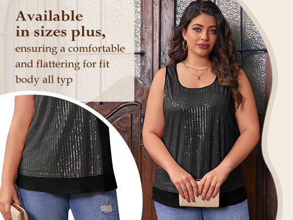 Womens Plus Size Sequin Tops Scoop Neck Sparkle Shimmer Summer Sleeveless Sexy Tanks Tops Champagne