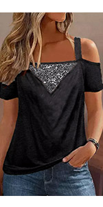 Sequined Splicing Cold Shoulder Shirts