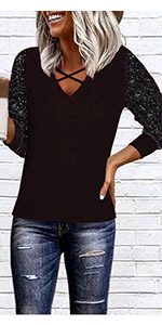 Sequined Splicing V-Neck Criss-Cross T-Shirt