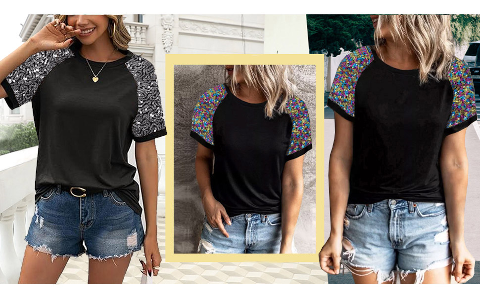 Women Sequined Splicing Short Sleeve T-Shirt