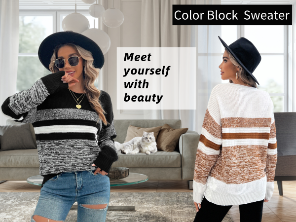 2024 Fall Winter Striped Color Block Sweater Long Sleeve Crew Neck Casual Loose Knit Pullover Tops