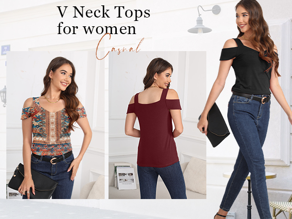 summer tops womens tunic top short sleeve cold shoulder v neck loose fit basic tee shirts casual