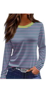 Womens Long Sleeve Striped Tops Dressy Round Neck Shirts Casual Blouses