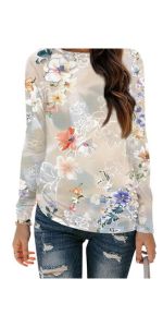 Womens Long Sleeve Floral Tops Casual Round Neck Shirts Fashion Blouses