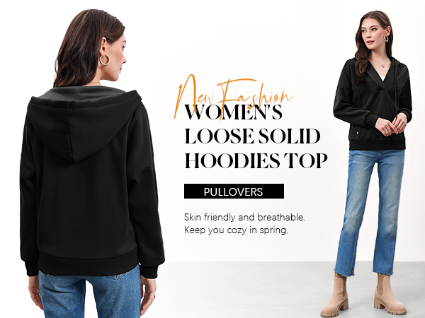 Women''s Trendy Oversized Hooded Sweatershirt Long Sleeve V Neck Pullovers Casual Solid Hoodies Top