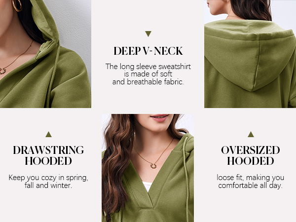 Women''s Trendy Oversized Hooded Sweatershirt Long Sleeve V Neck Pullovers Casual Solid Hoodies Top