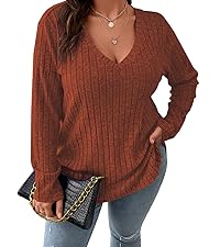 Plus Size Casual Knit Sweater V Neck Solid Color Tops Lightweight Long Sleeve Blouses