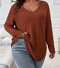 Plus Size Club Outfits for Women Boho V Neck Tops with Pockets Trendy Fall Shirts