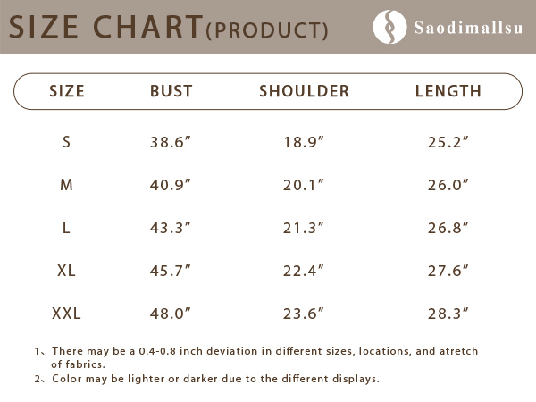 Loose Fitting Tops Size Chart