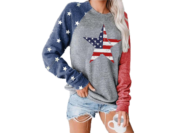 Star Print Colorblock Shirt Womens Long Sleeve American Flag 4th of July Pullvoer Blouse Tops