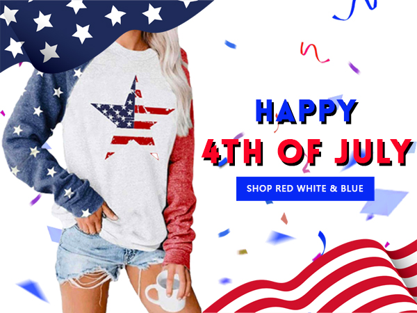 Star Print Colorblock Shirt Womens Long Sleeve American Flag 4th of July Pullvoer Blouse Tops