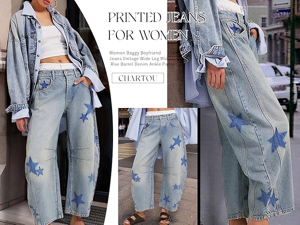 women printed Denim barrel jeans