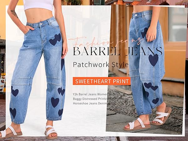 women printed Denim barrel jeans