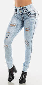 Butt Lifting Distressed Skinny Jeans with Thick Waist