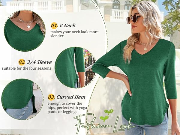 Product Details of Women&#39;s V Neck 3/4 Sleeve Shirt Classic Summer Tops