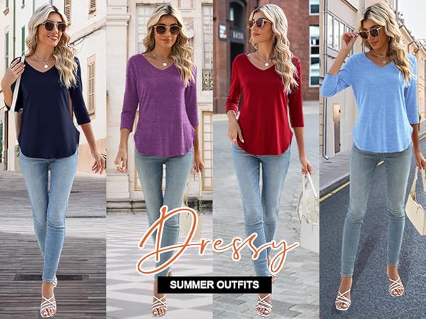 Womens Fashion 3/4 Sleeve V-Neck T-Shirt Loose Basic Tops Casual Summer