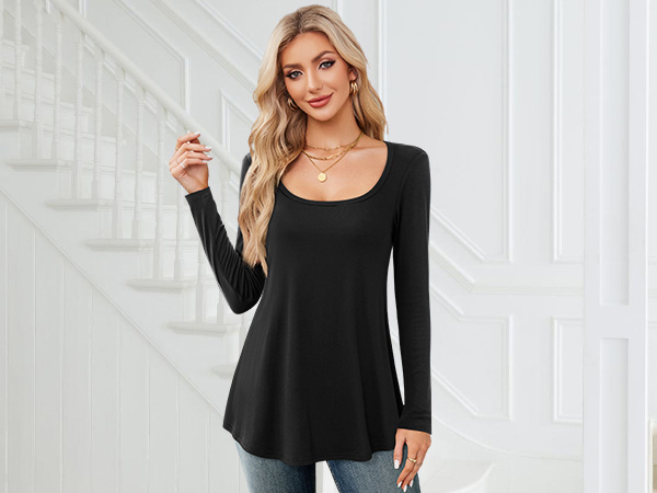 long sleeve scoop neck tops for women