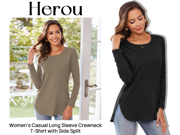 Herou Women&#39;s Casual Long Sleeve Crewneck T-Shirt with Side Split