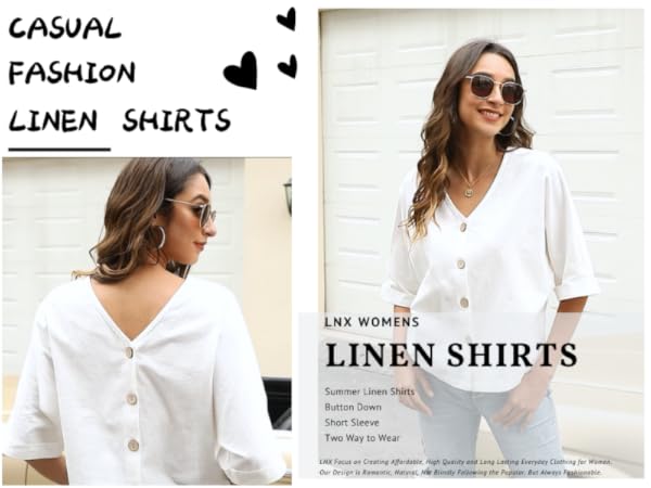 LNX  Womens Linen Shirts Button Down Short Sleeve Tops