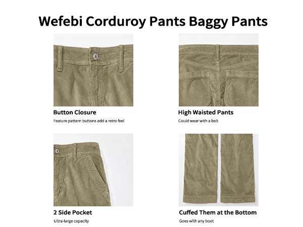 WEFEBI Corduroy Cargo Pants Women High Waist Baggy Flap Pockets