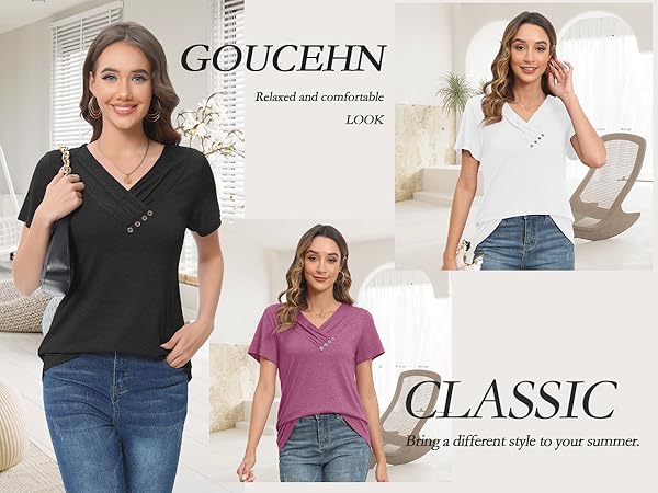 GOUCEHN Womens Dressy Casual Shirts Summer Short Sleeve V Neck Button Blouse Trendy Tunic Tops…