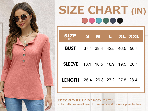 EADINVE Women''s 3/4 Sleeve T-Shirts Crew Neck Buttons Cute Casual Tunic Tops Basic Tees