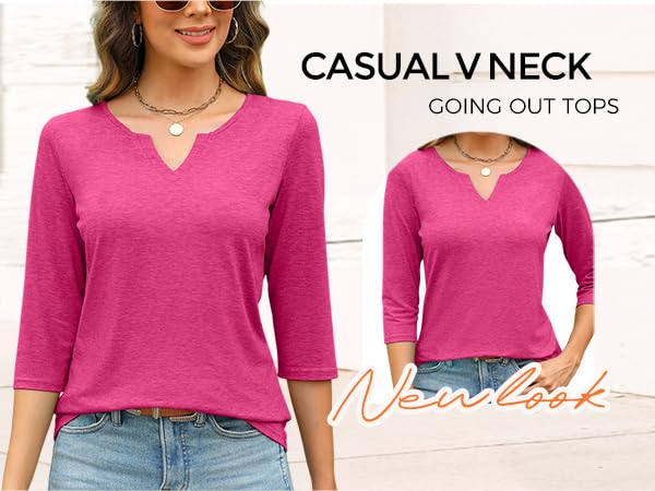 EADINVE Womens V Neck 3/4 Sleeve T-Shirts Solid Color Casual Basic Tops