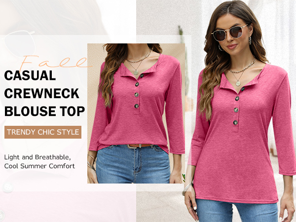 EADINVE Women''s 3/4 Sleeve T-Shirts Crew Neck Buttons Cute Casual Tunic Tops Basic Tees