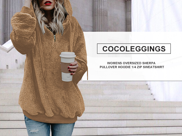 COCOLEGGINGS Womens Oversized Sherpa Pullover Hoodie 1/4 Zip Sweatshirt