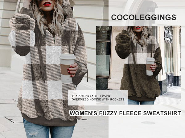 COCOLEGGINGS Women''s Fuzzy Fleece Sweatshirt Plaid Sherpa Pullover Oversized Hoodie with Pockets