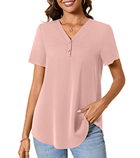 Anydeer Womens Summer Henley Shirt Chiffon Tunic Top Button Up Casual Short Sleeve Loose Blouses,