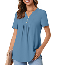 Anydeer Women Summer Tunic Top Chiffon Henley Shirts Pleated Casual Woven Short Sleeve Button Blouse