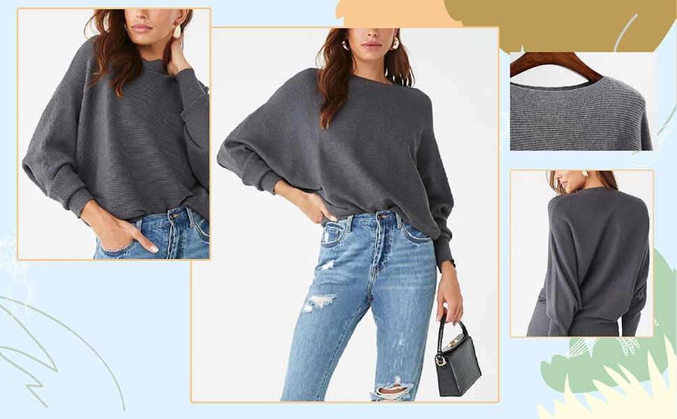 Ribbed knit bating sleeve dolman sweater women boat neck