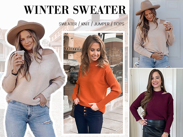 Off Shoulder Fall Sweaters Halter Neck Loose Fit Long Sleeve Knit Pullover Jumper Tops