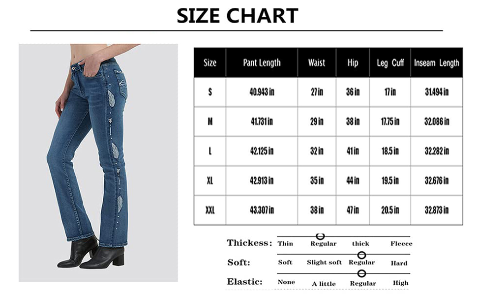 Embroidered Bootcut Jeans Size Chart