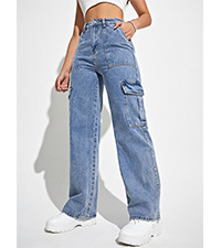 High Waist Cargo Jeans Flap Pocket Wide Leg Denim Pants