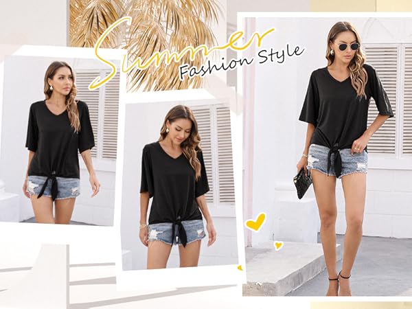 Women''s Short Sleeve Tie Front Knot Casual Loose Fit Tee T-Shirt