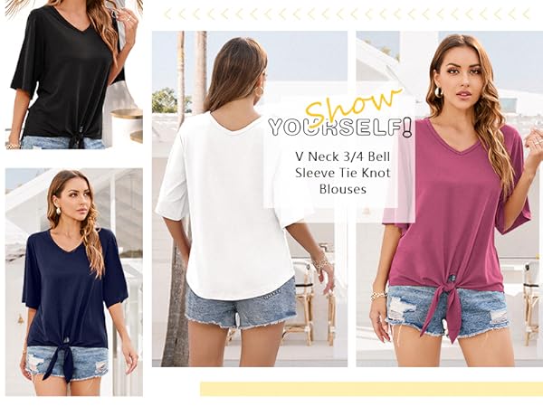 Women''s Short Sleeve Tie Front Knot Casual Loose Fit Tee T-Shirt