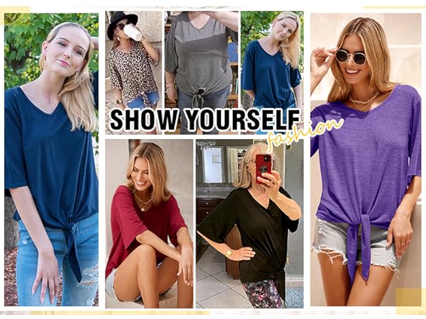 Womens Tie Front Blouses V Neck Batwing Short Sleeve Summer Tops Shirts