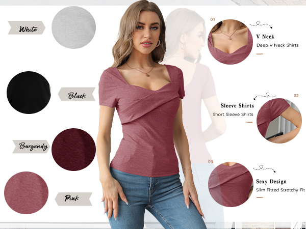 Women''s Wrap Sexy V Neck Short Sleeve Shirts Ribbed Knit Tunic Tops T Shirts 