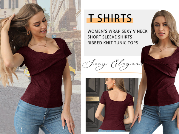 Women''s Wrap Sexy V Neck Short Sleeve Shirts Ribbed Knit Tunic Tops T Shirts 