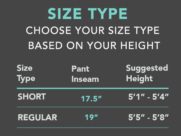 size chart showing inseam length: for regular 19" and for short 17.5"