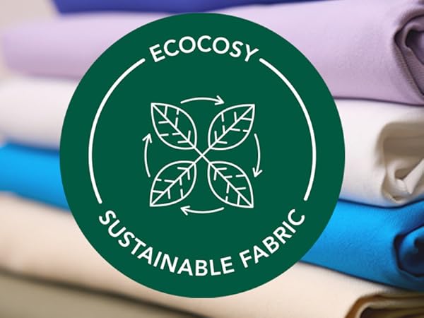 Ecocosy fabric logo and pile of fabric