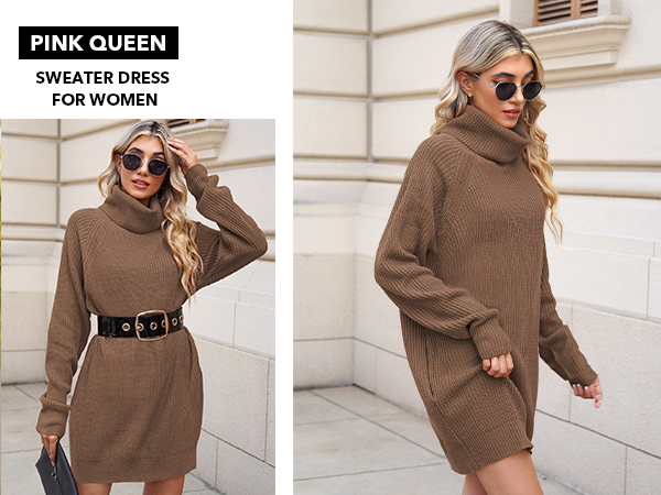 Women Batwing Long Sleeve Turtleneck Oversized Pullover Sweater Dress