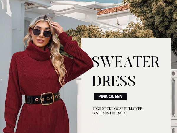 Women Batwing Long Sleeve Turtleneck Oversized Pullover Sweater Dress