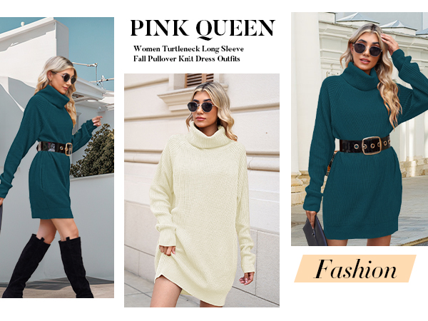 Women Turtleneck Long Sleeve Fall Pullover Knit Dress Outfits