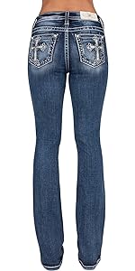 Feathered Grey Cross Embellished Pockets Mid-Rise Bootcut B0CYF1T4Q6