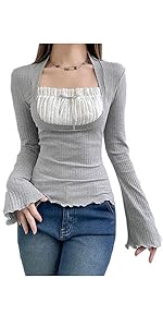 Women''s Ribbed Tops Y2K Tees 2000s Spicy Girl Lace Patchwork Slim Fit Top Square Neck T-Shirt